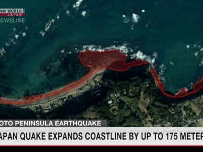 پیش‌روی خط ساحلی به سمت دریا پس از زلزله شدیدِ ژاپن